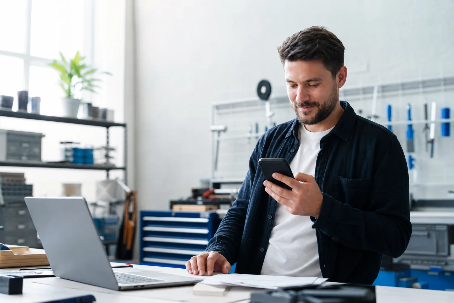 Small business owner reviewing local search results on a phone