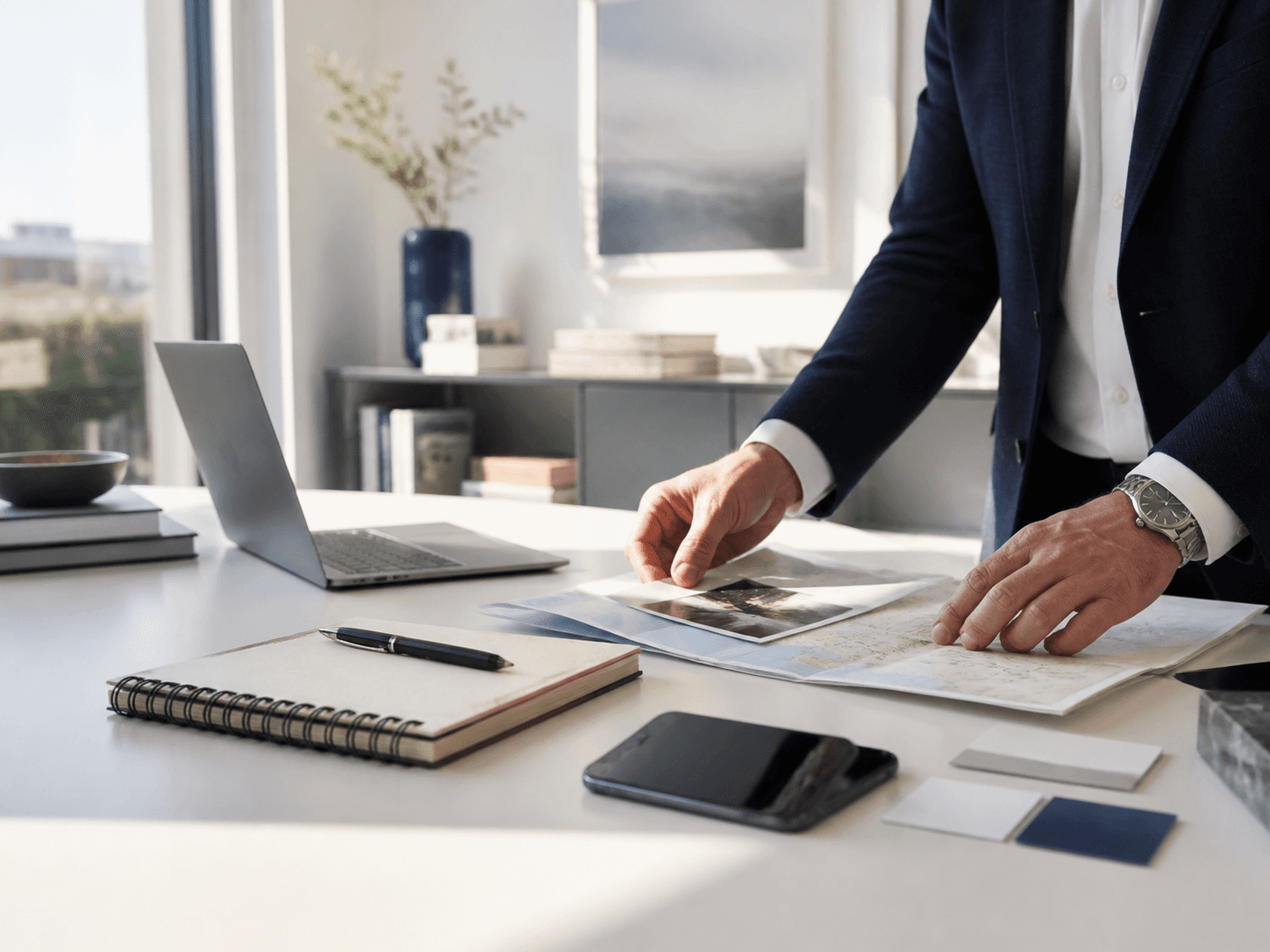 Real estate professional arranging a market map, proof materials, and contact cards on a desk