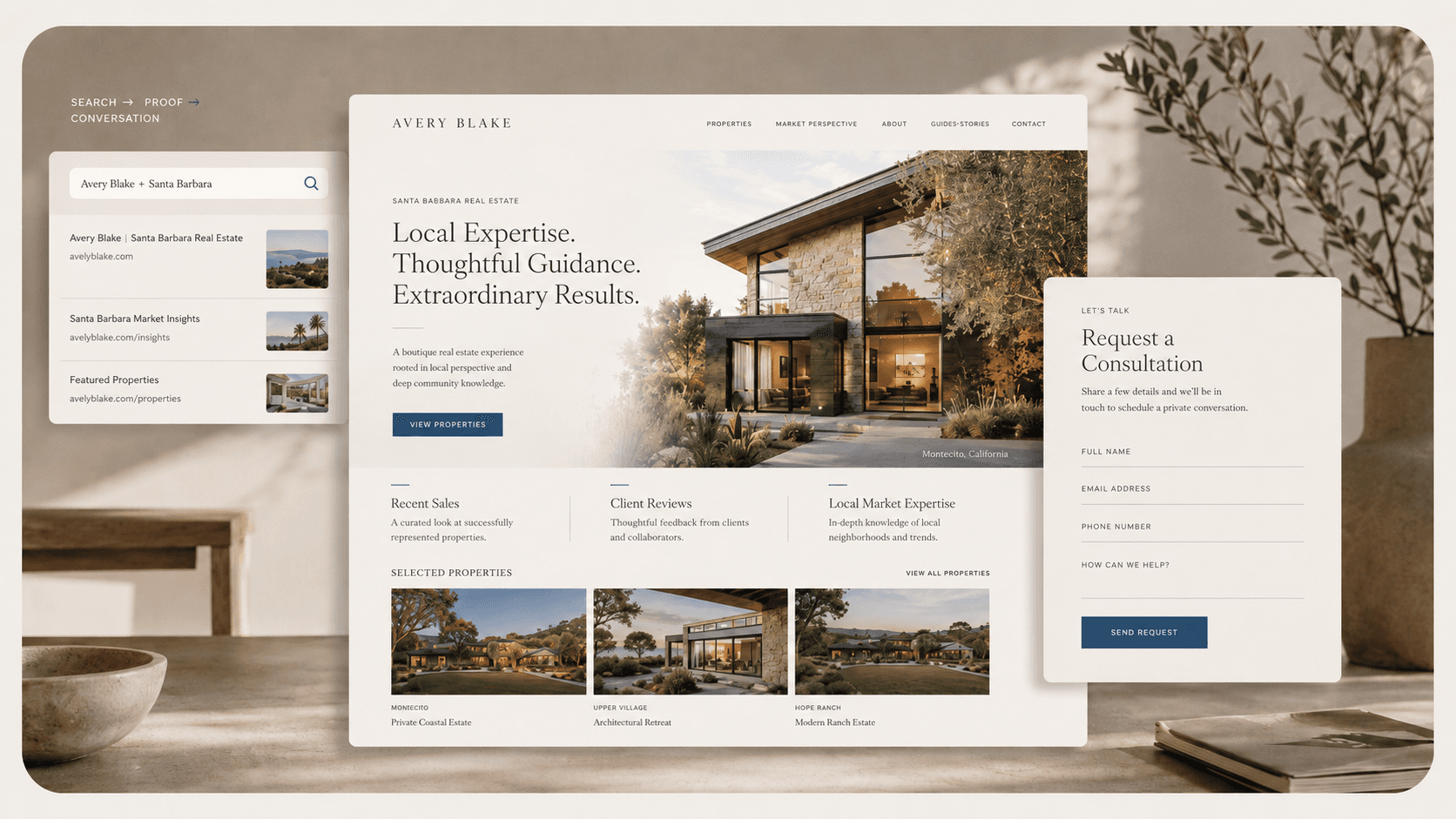 Preview of an agent-owned real estate website with search, listings, and a consultation path