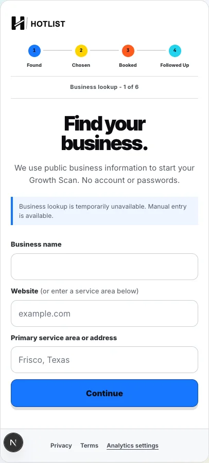 Business lookup screen from the Local Visibility Review